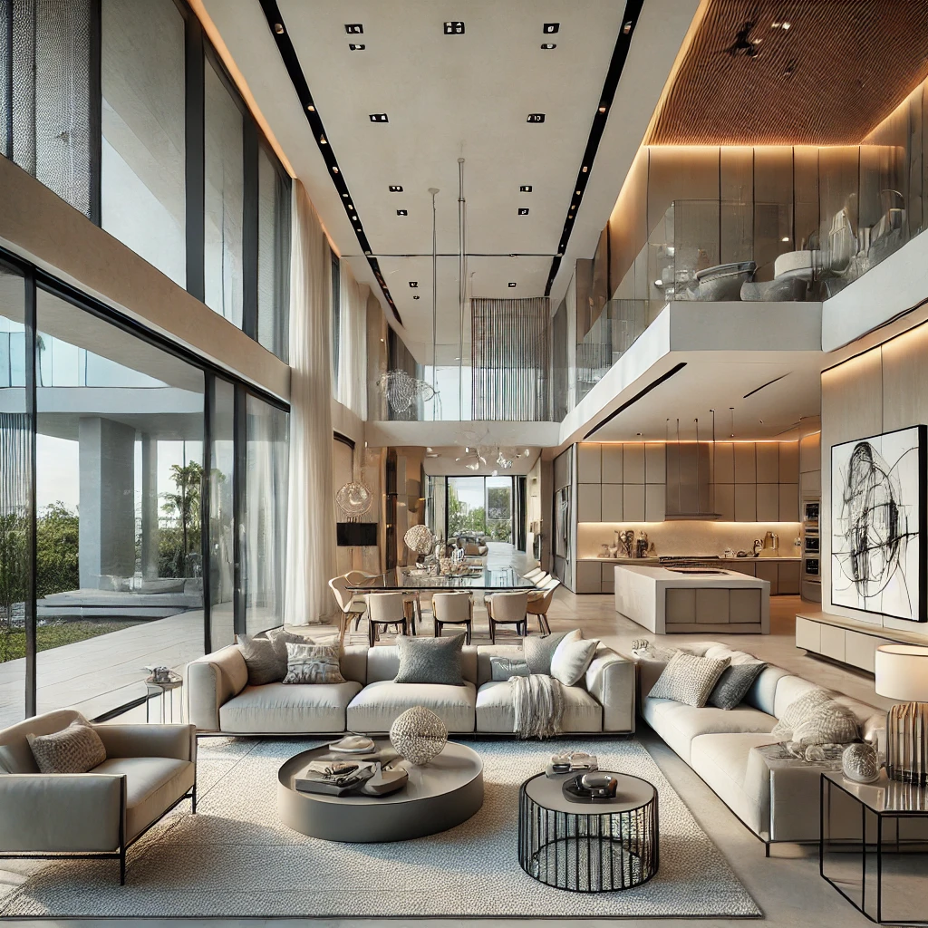 1 A luxurious modern home interior in Miami featuring an open floor plan. The living room has high ceilings, large floor-to-ceiling windows, and contemp