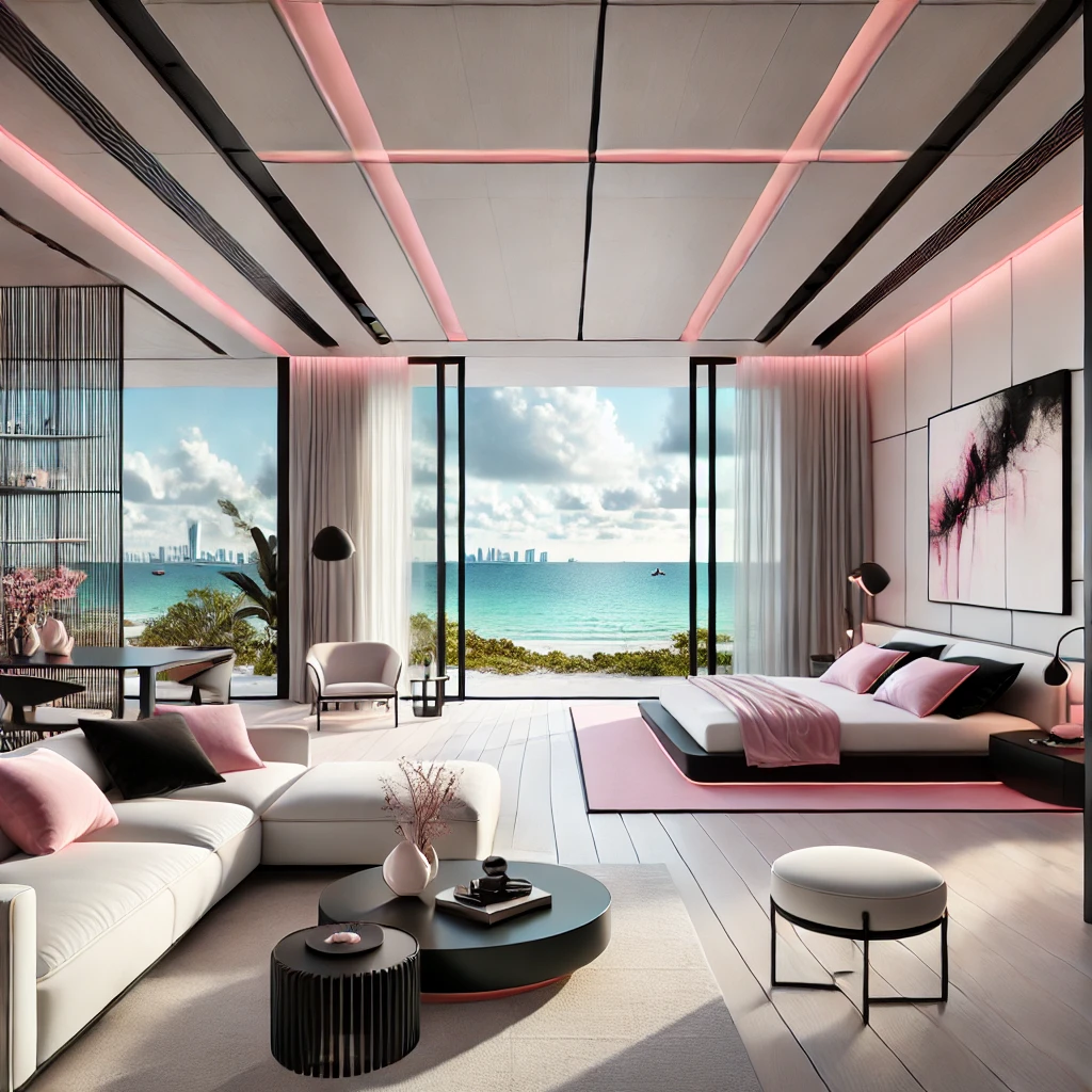 1-rose-A-unique-smooth-very-modern-interior-design-of-a-room-in-an-apartment-overlooking-the-ocean-in-Miami-Beach.-The-room-features-floor-to-ceiling-windo-1