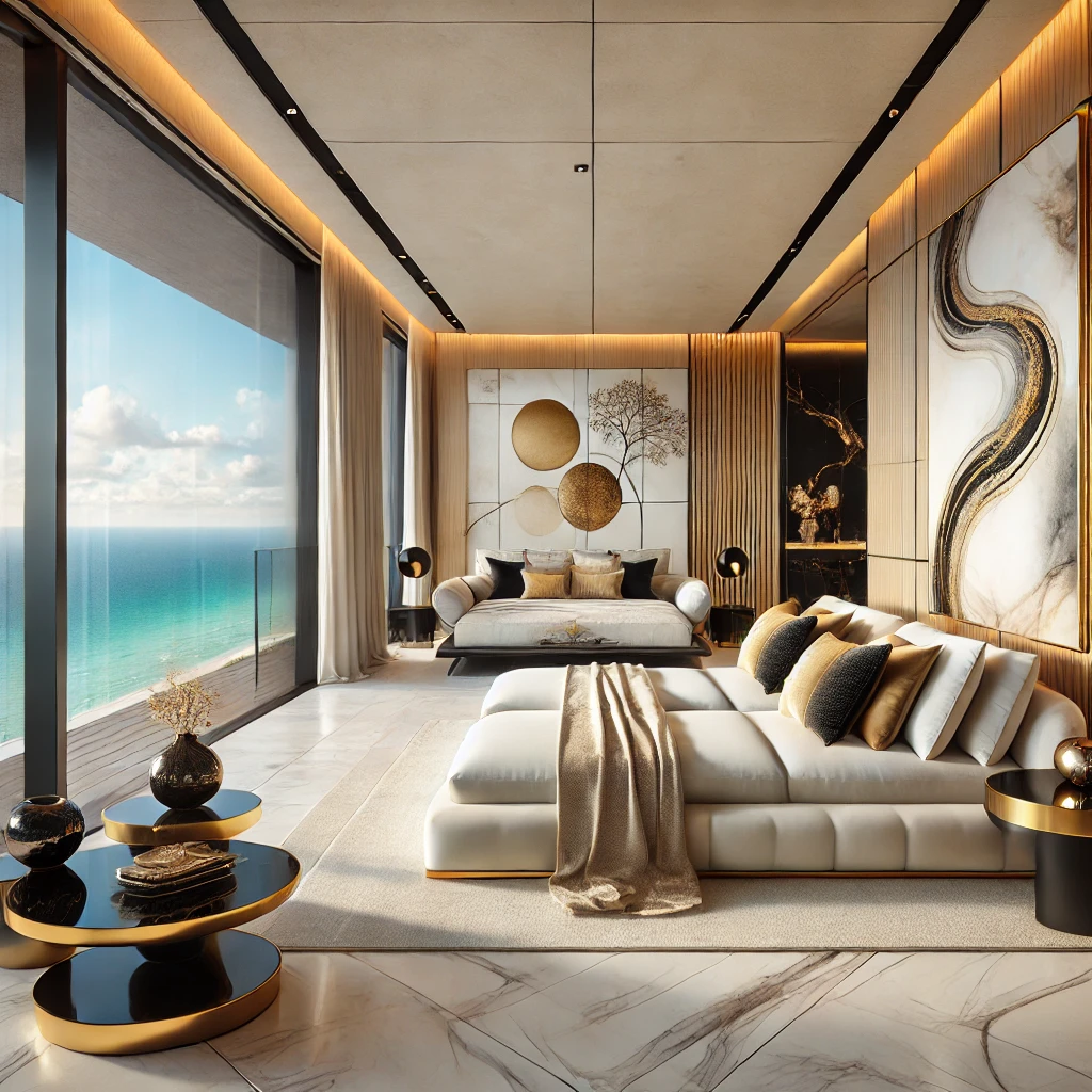 2 gold A unique, smooth, very modern interior design of a room in an apartment overlooking the ocean in Miami. The room features floor-to-ceiling windows off