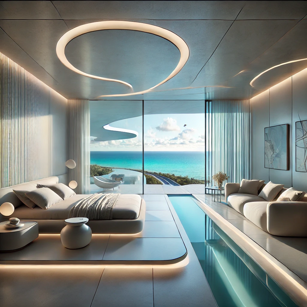 2A unique, smooth interior design of a room in an apartment overlooking the ocean in Miami. The room features floor-to-ceiling windows offering a breat