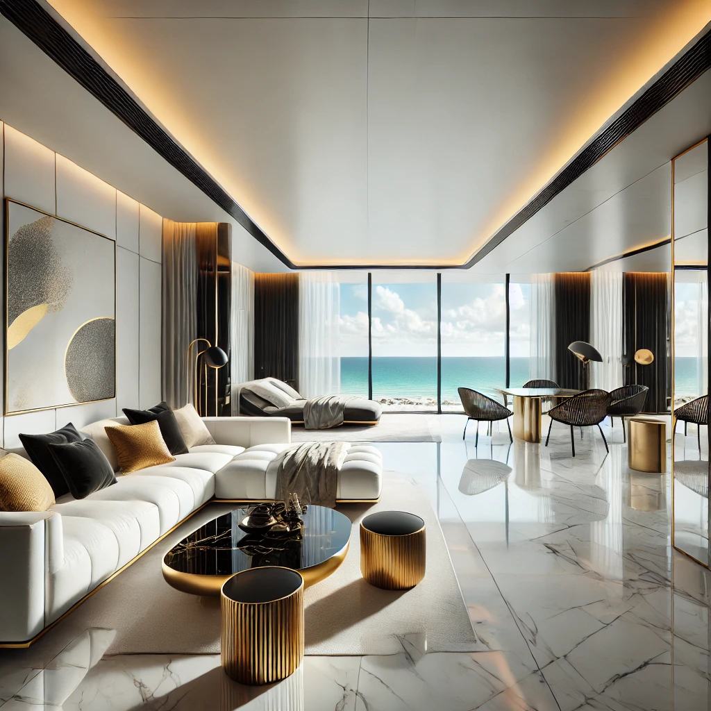 2n A unique, smooth, very modern interior design of a room in an apartment overlooking the ocean in Miami Beach. The room features a bright, uniform ceil