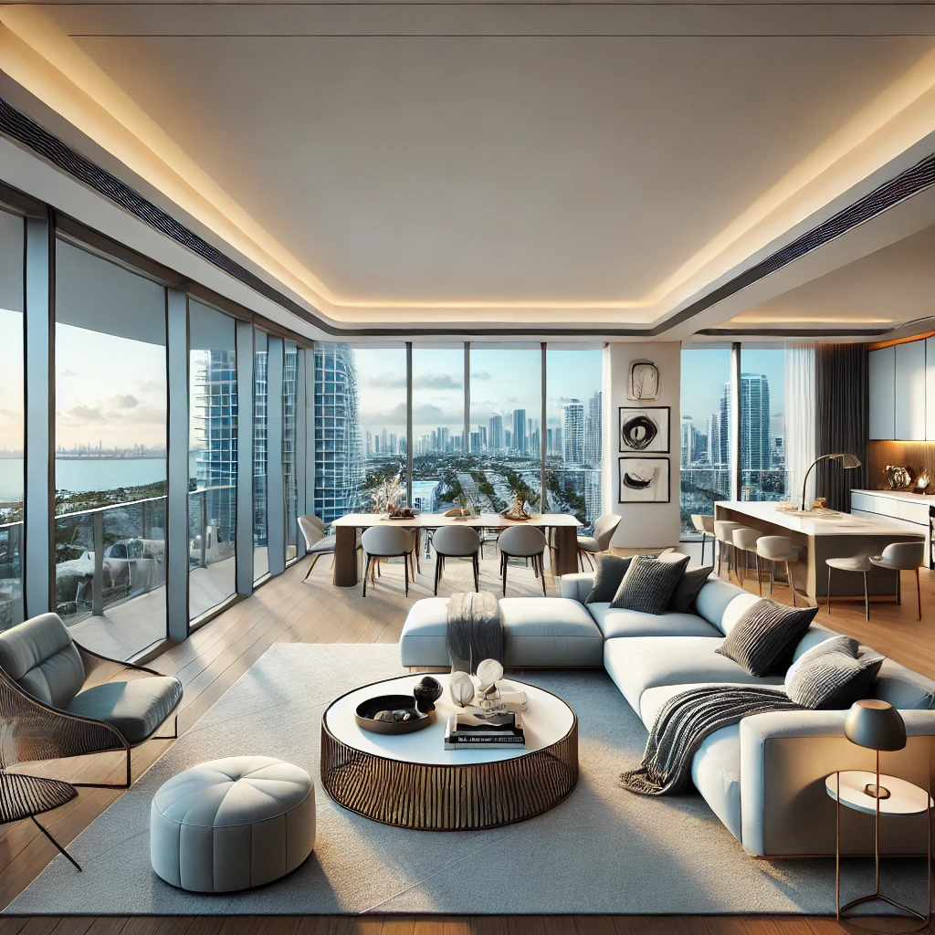 4 A modern designed apartment in Miami featuring a sleek and stylish aesthetic. The apartment has an open floor plan with large windows providing panora