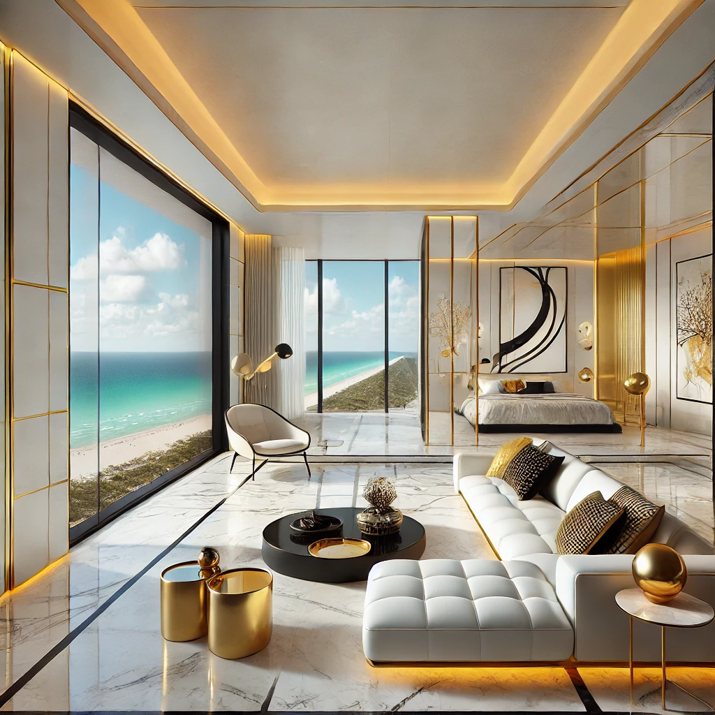 4n A unique, smooth, very modern interior design of a room in an apartment overlooking the ocean in Miami Beach. The room features a bright, uniform ceil