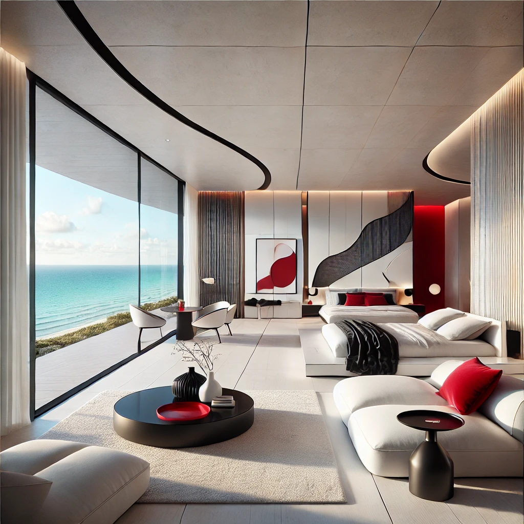 6 red A unique, smooth, very modern interior design of a room in an apartment overlooking the ocean in Miami. The room features floor-to-ceiling windows off