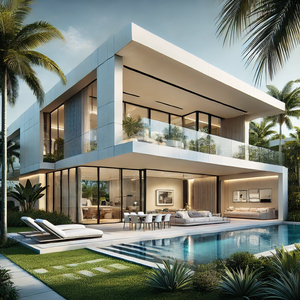 A luxurious modern home in Miami with a sleek, minimalist design. The exterior features clean lines, large windows, and a combination of white concret