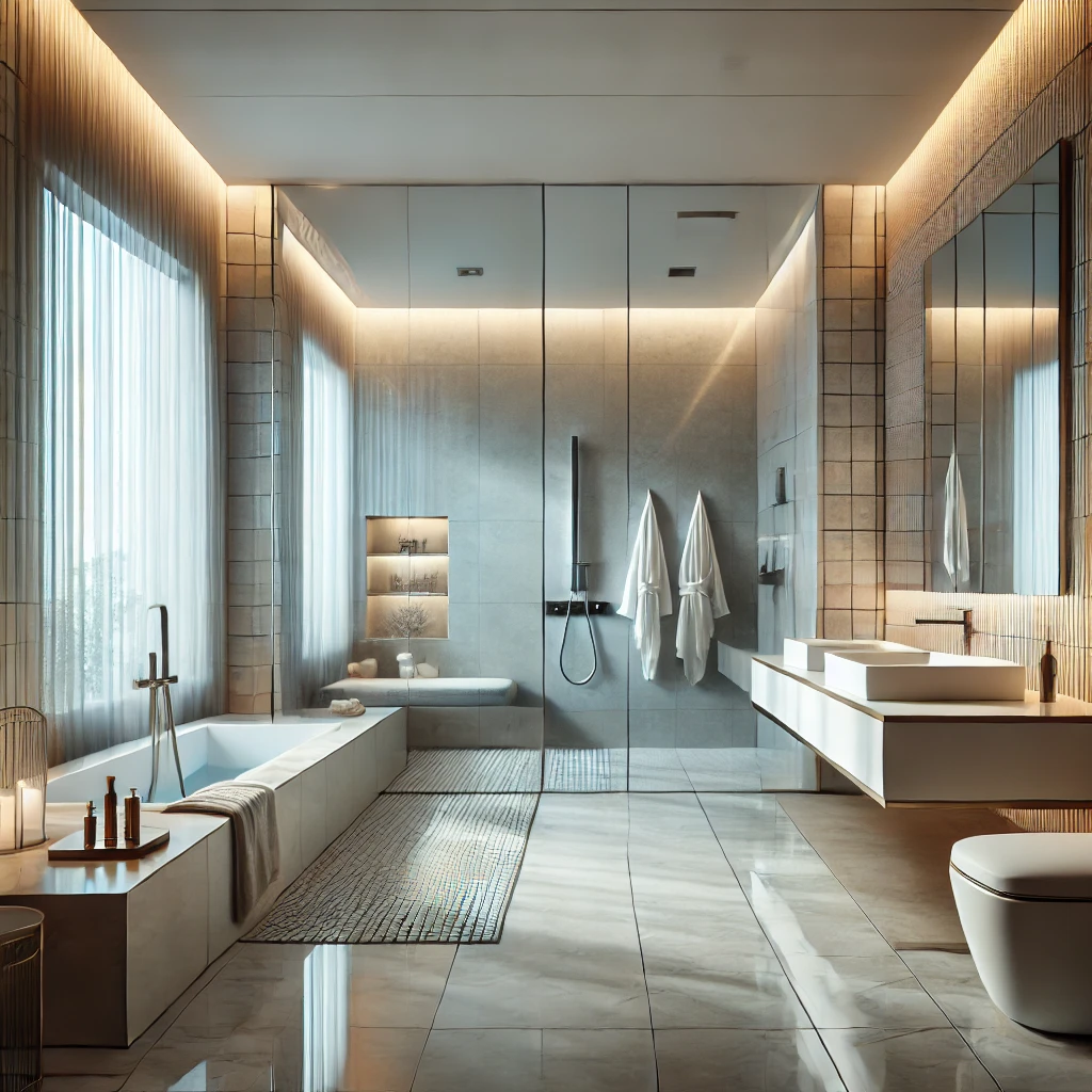 image illustrating a luxurious, minimalistic modern bathroom featuring sophisticated designs, modern fixtures, stylish tiles, and a relaxing layout