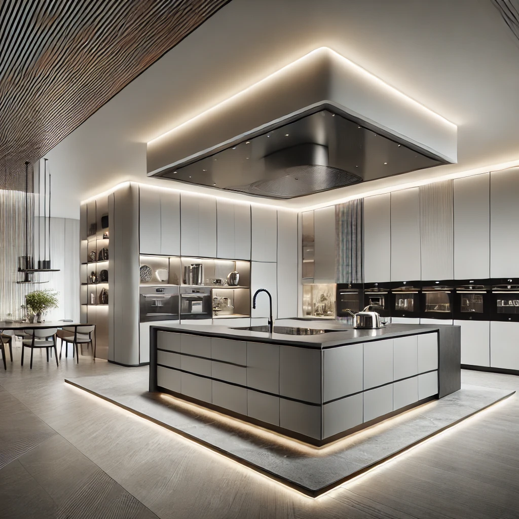 image illustrating a luxurious, minimalistic modern kitchen featuring innovative storage solutions, high-end appliances, and contemporary finishes